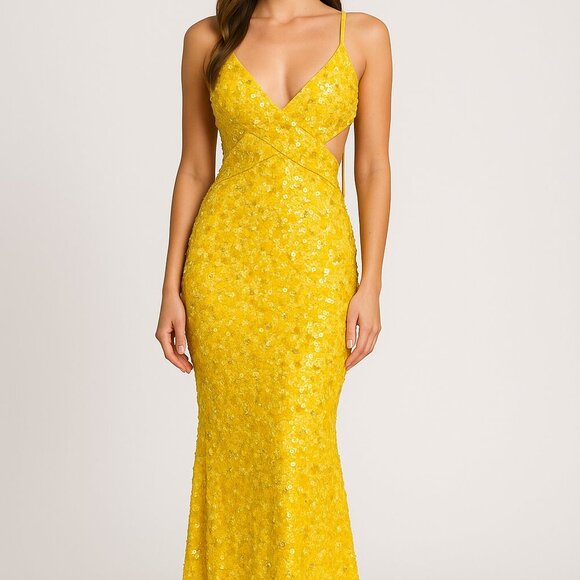 Mac Duggal Yellow Sequin Cutout Gown Size 2 NWT Sample...
